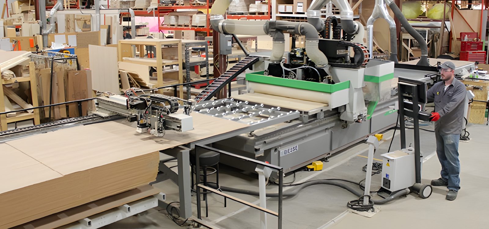 La table de découpe numérique de l'usine, des panneaux de bois posés dessus, un employé en chemise grise à droite